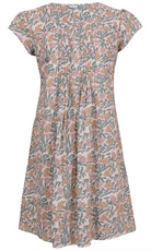 Front mannequin photo of cotton above knee dress in white based floral print.