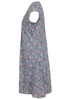 Side mannequin photo of cotton above knee dress with cap sleeves. 
