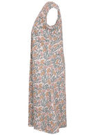 Side mannequin photo of cotton above knee dress with cap sleeves. 