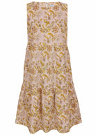 100% cotton sleeveless, relaxed fit midi length dress with pockets, tiered design and high round neckline