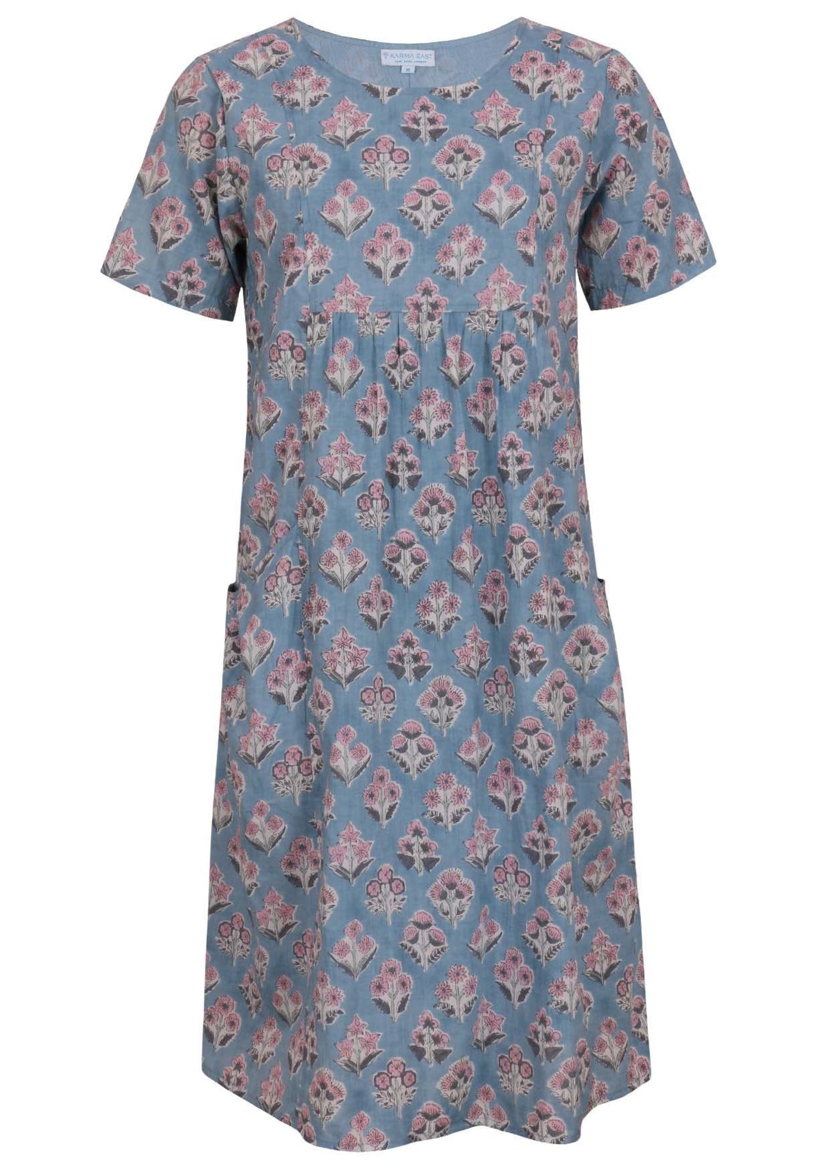 Front view of cotton dress with round neckline in blue based floral print