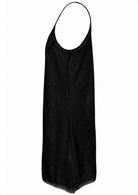 Black cotton slip with thin straps and lace hem, flat lay side view