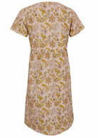 ghost mannequin back image of relaxed fit, 100% cotton dress in cream based floral print.