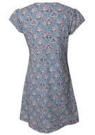 Back mannequin photo of cotton above knee dress in blue based floral print. 