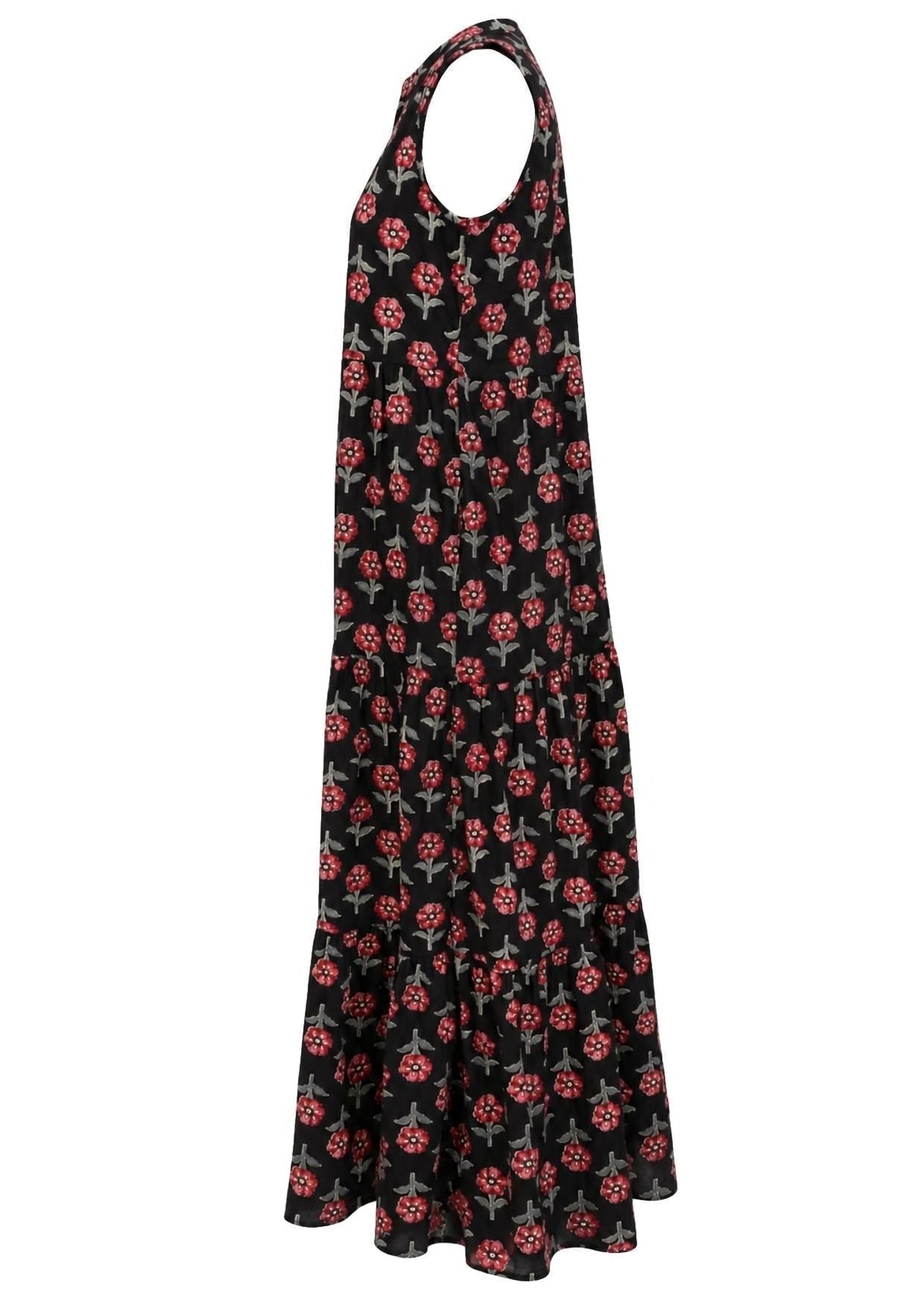 Black sleeveless tiered maxi dress with red floral print, ghost mannequin side view.