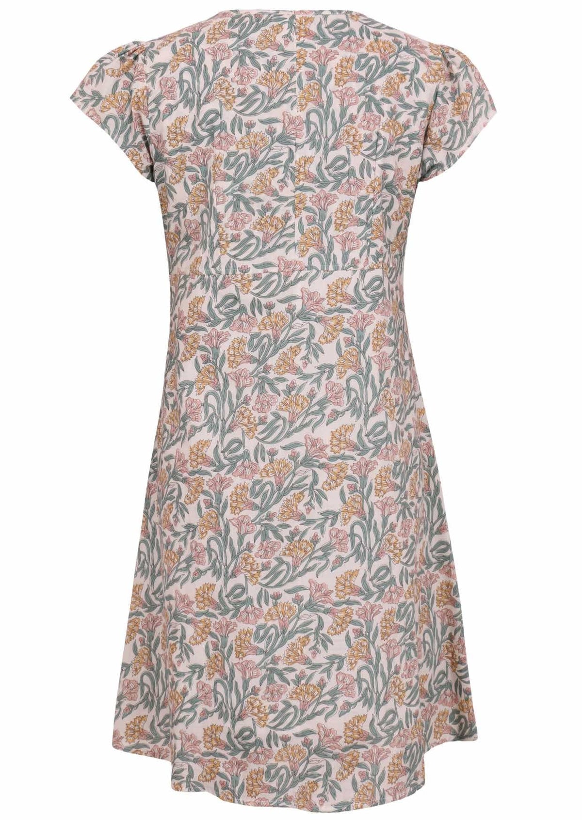 Back mannequin photo of cotton above knee dress in white based floral print. 