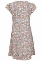 Back mannequin photo of cotton above knee dress in white based floral print. 