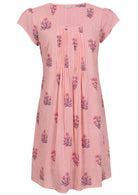 Front mannequin photo of cotton above knee dress in pink striped white based floral print.