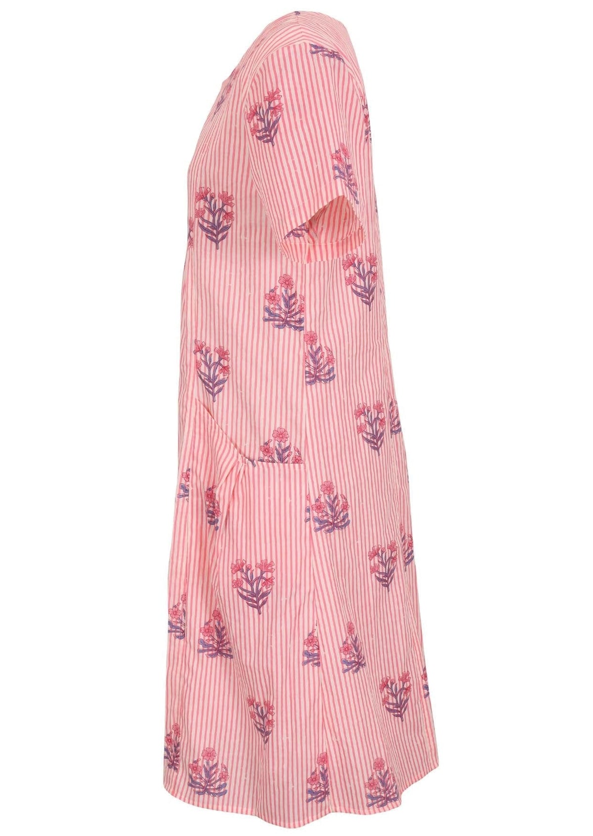 Side view of cotton dress with round neckline and short sleeves in pink striped white based floral print. 