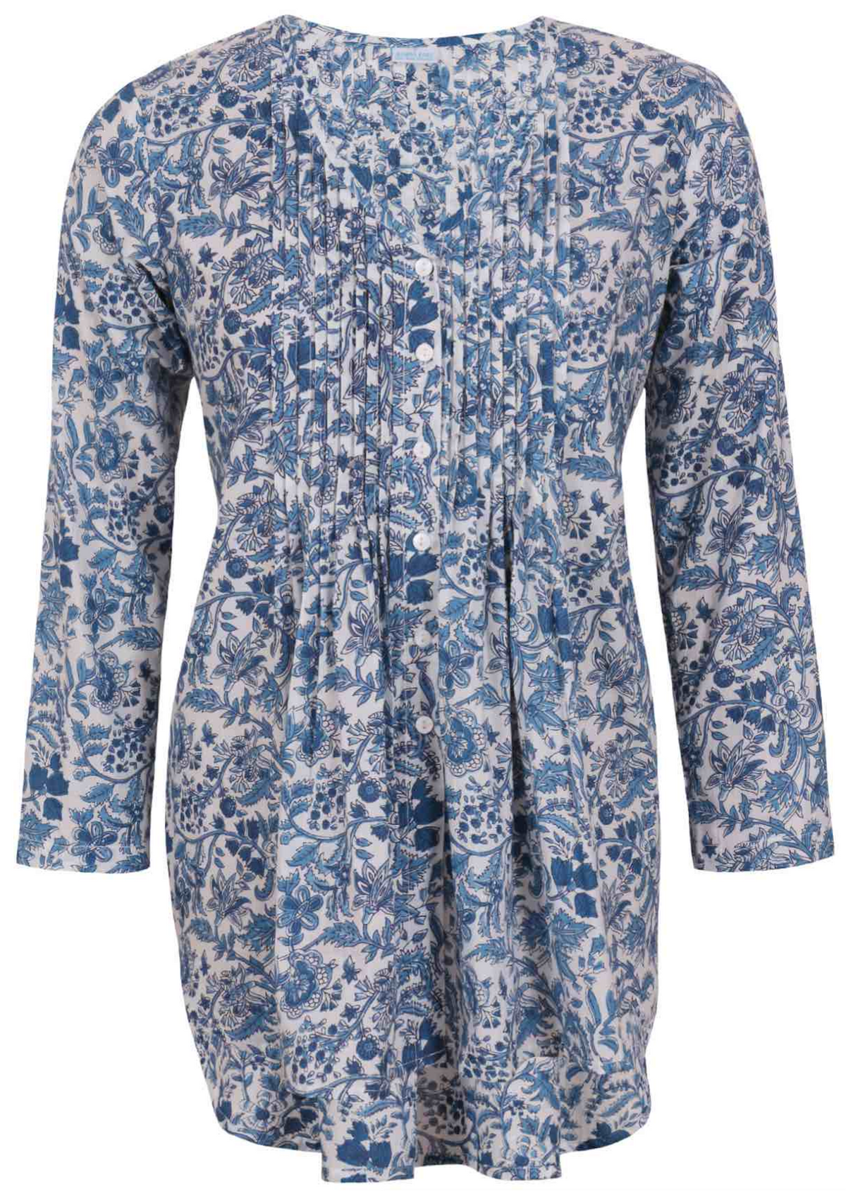 White based blue floral print cotton button through shirt with pin tucks across the bodice and a V-neckline