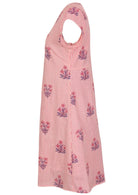 Side mannequin photo of cotton above knee dress with cap sleeves. 