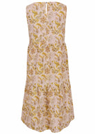 Back image of 100% cotton sleeveless midi dress with button back closure and pockets in cream based floral print
