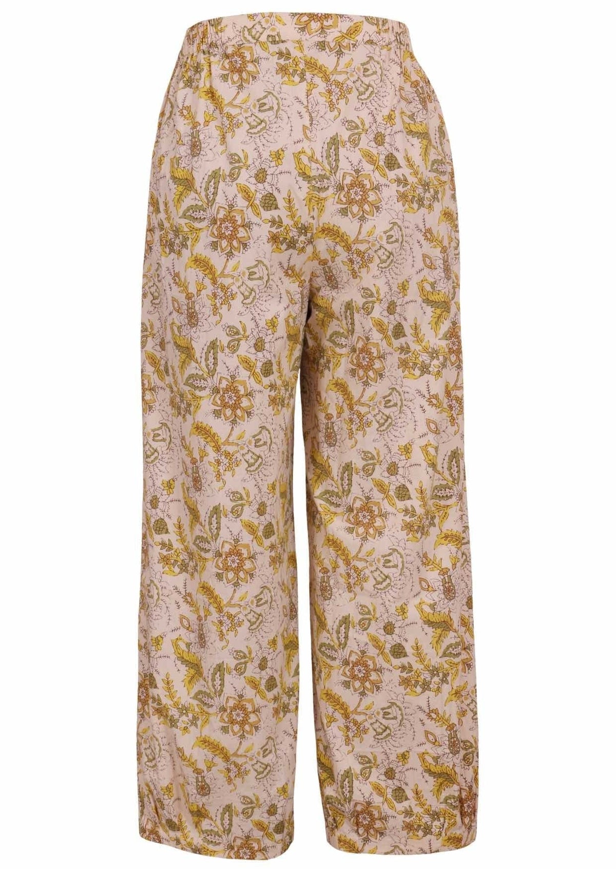 Back view of 100% cotton wide leg pants with elastic waist and pockets in cream based floral print
