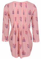 Pink striped white based floral print cotton button through shirt with long sleeves, and pin tucks across the bodice, front and back