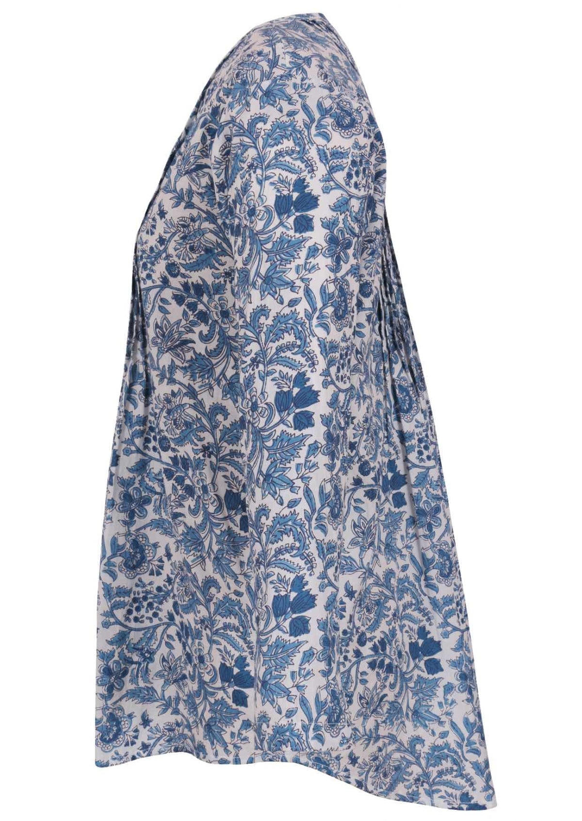 White based blue floral print cotton button through shirt with long sleeves, that is longer at the back