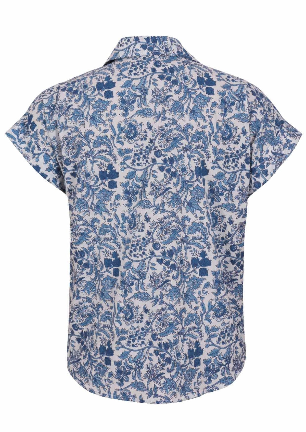 Lightweight 100% cotton top in white based blue florals with V neckline, collar and short folded sleeves