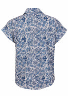 Lightweight 100% cotton top in white based blue florals with V neckline, collar and short folded sleeves