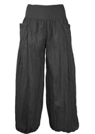 black loose fit 100% cotton pants with wide flat front waistband and pockets