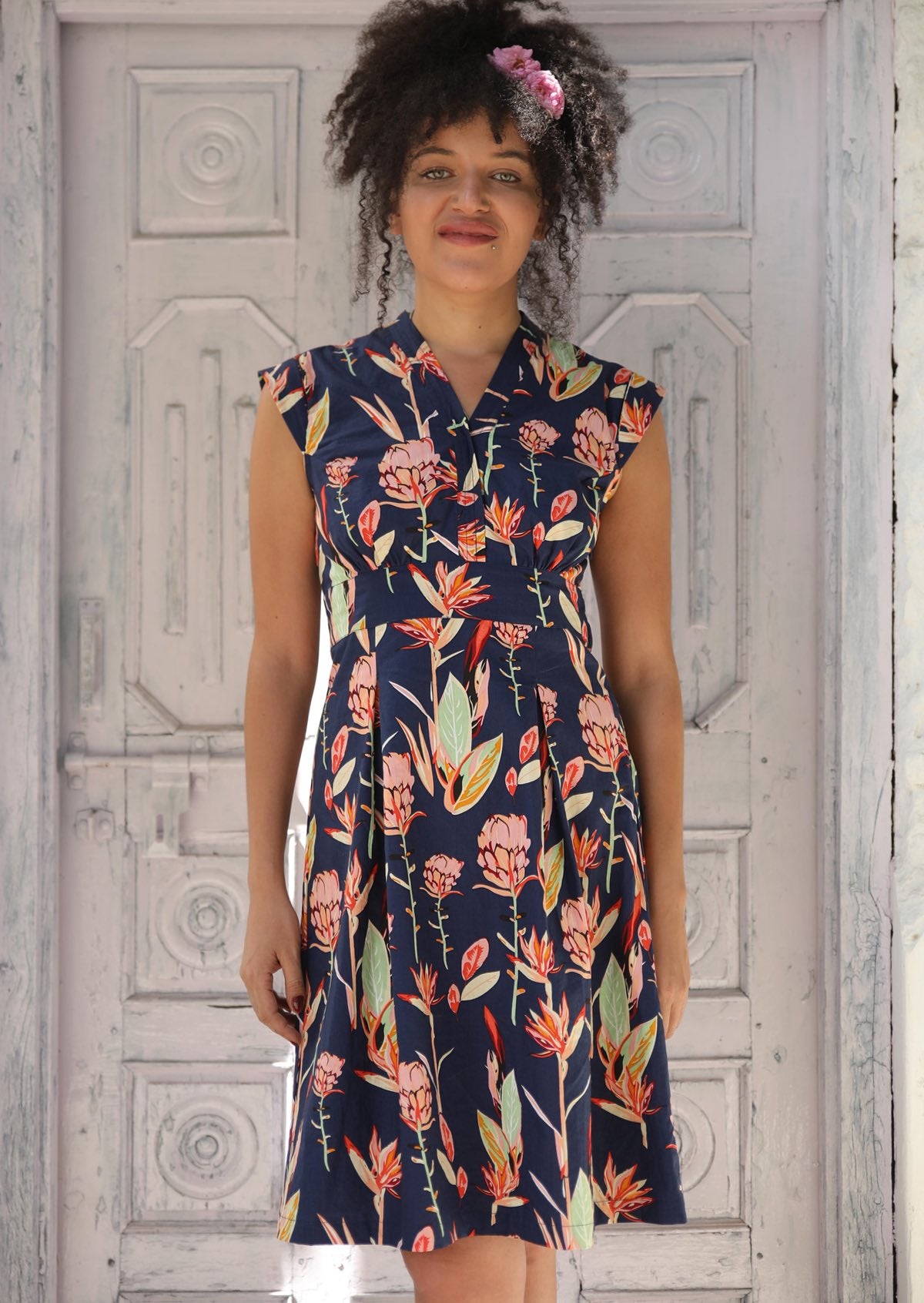 Woman wearing short sleeve V-neck 100% Cotton Dress