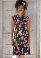 Woman wearing short sleeve V-neck 100% Cotton Dress