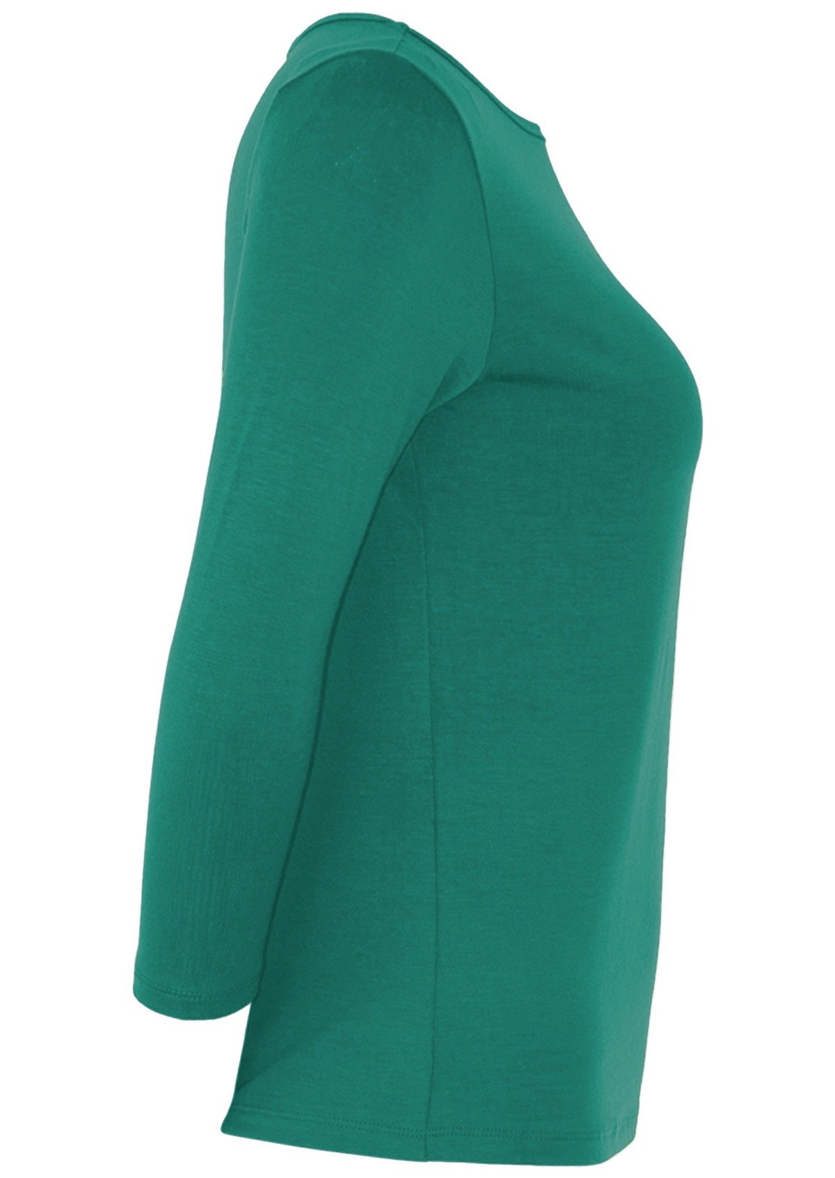 Side view of women's rayon boat neck green 3/4 sleeve top.