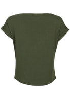 Back view of women's wide neck mod olive green stretch rayon boat neck top