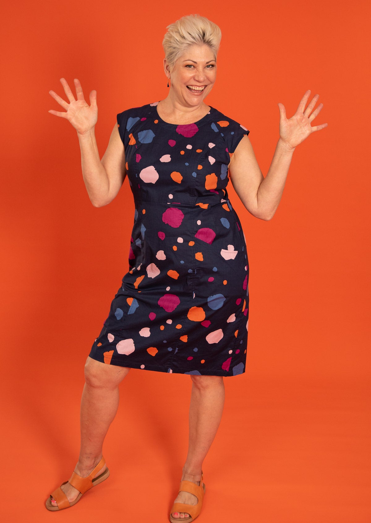 Round Neck Cap Sleeve Cotton Dress in bold colourful print.
