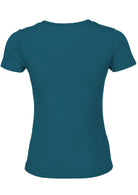 Back view fitted basic rayon teal women's t-shirt.