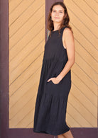 sleeveless midi dress with hidden side pockets