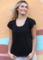 Tulsi Top cap sleeve u-shaped neckline decorative pleats from neckline curved bottom hem 100% cotton black | Karma East Australia