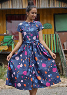 Blue Spotted Print 100% Cotton Midi Dress Ethical Production