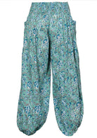 100% cotton boho style pants in blue floral print 