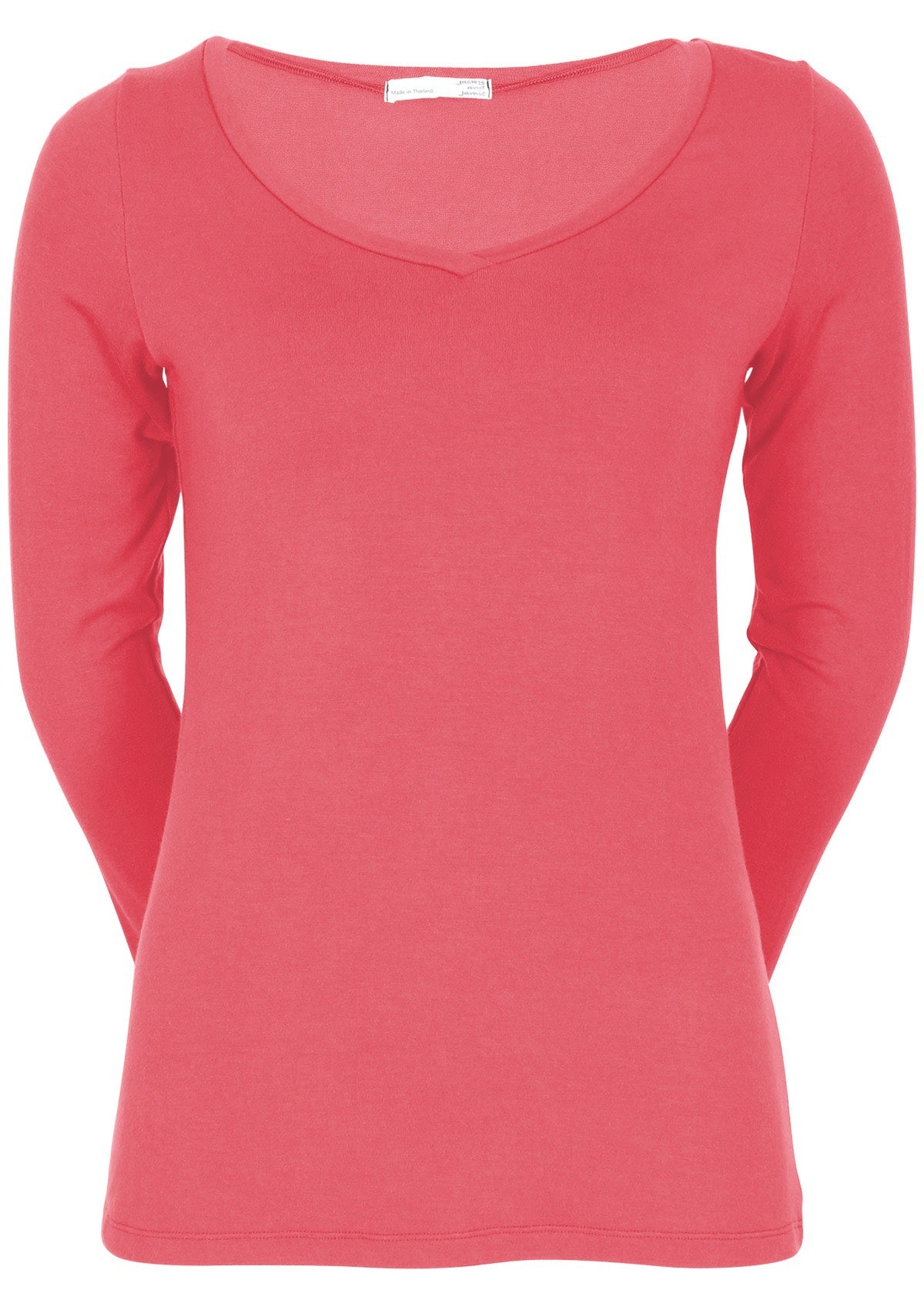 Front view of women's pink long sleeve stretch v-neck soft rayon top.