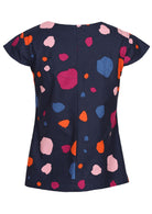 Navy blue based spotted print cotton top with cap sleeves