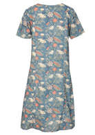 Cotton relaxed fit short sleeve dress with coral, sage and lemon floral print on a mid blue base