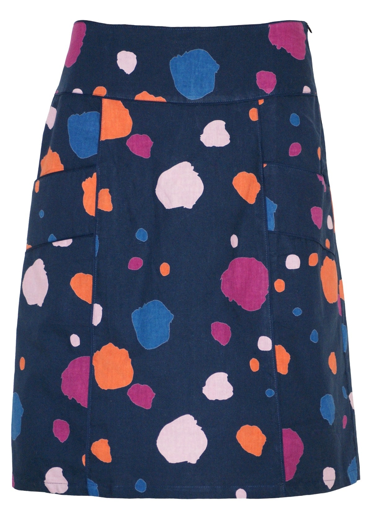 Blue based cotton A-line skirt in multi coloured splotch print, with pockets