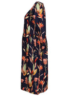 Pink and green native floral print on a navy base, 3/4 sleeve cotton women's dress.