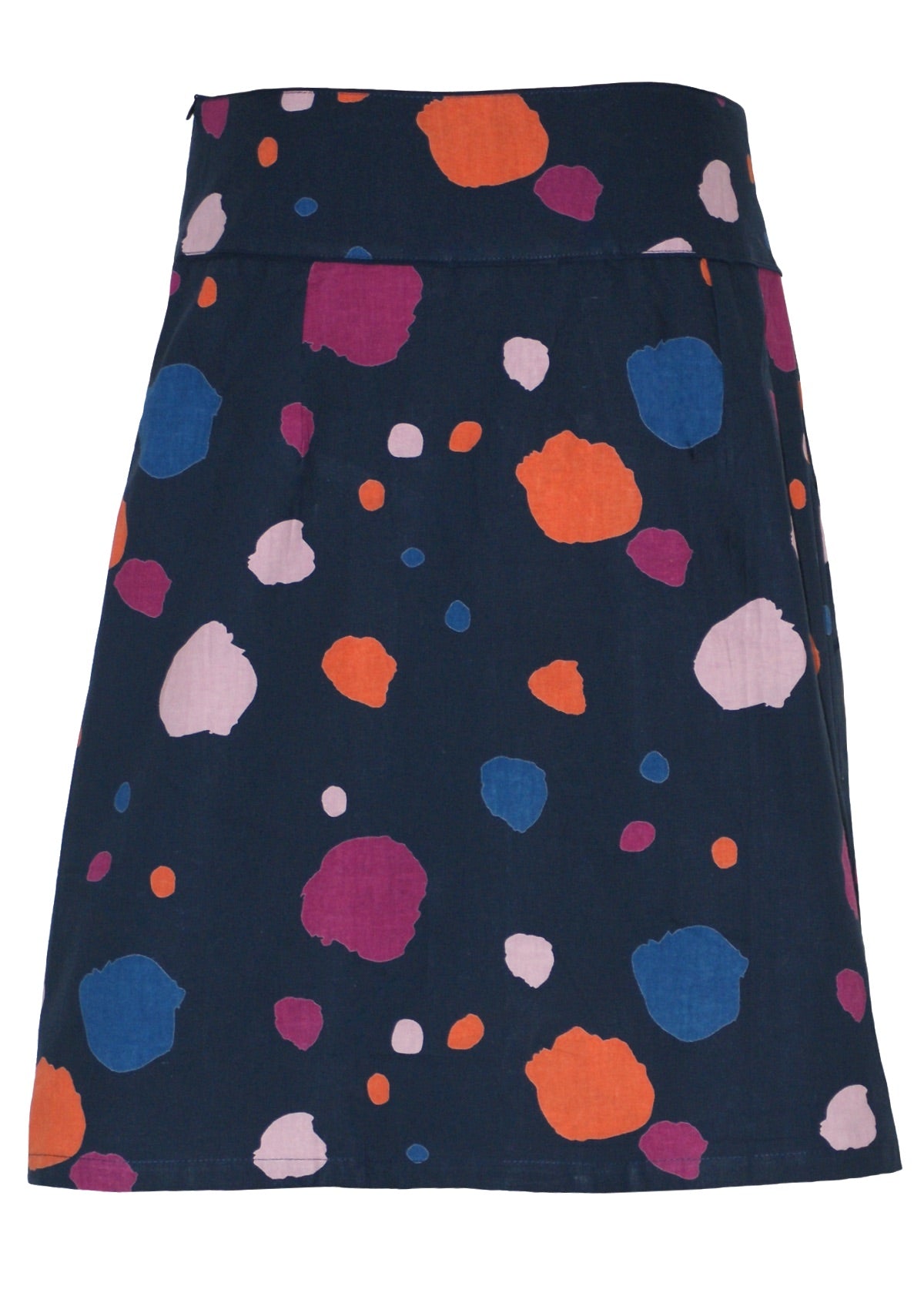A-line cotton knee length skirt with wide waistband, in multi coloured spot print on a dark blue base