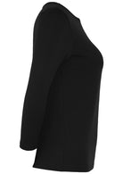 Side view of women's rayon boat neck black 3/4 sleeve top