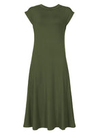 round neck short cap sleeve stretch midi dress